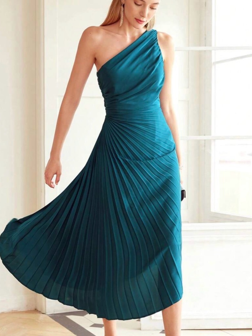 SHEIN Teal Asymmetrical One-Shoulder Pleated Midi Dress
